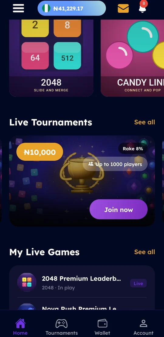 Game4Pay home screen showing live tournaments with prize pools, the games catalogue and the player's wallet balance