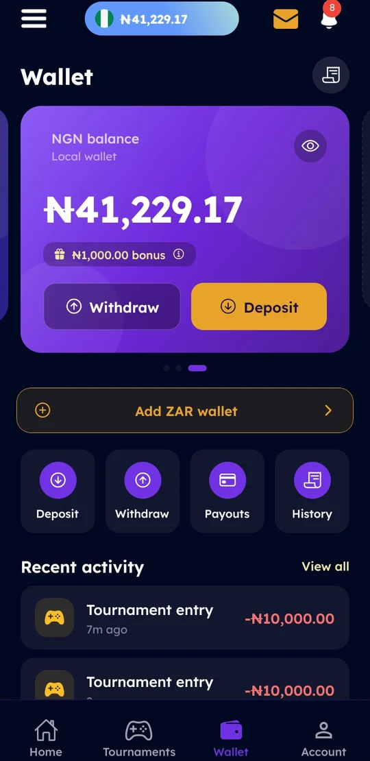 Game4Pay wallet showing a funded naira balance with deposit, withdraw and recent activity